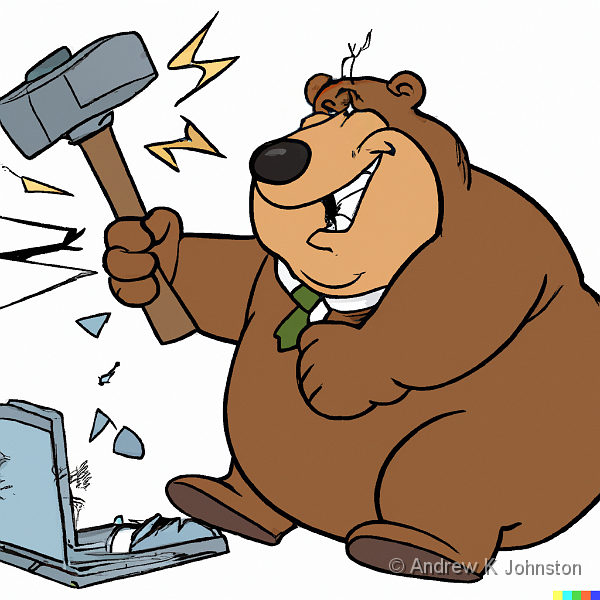 DALL·E 2023-08-15 10.10.12 - a cartoon of a fat bear smashing a computer with a sledghammer.png - Smash the system!